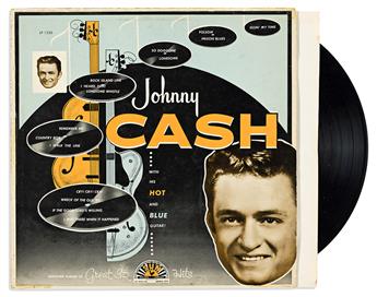 (MUSICIANS.) CASH, JOHNNY. Two long playing record covers Signed and Inscribed to a fan: Johnny Cash with His Hot and Blue Guitar (1957